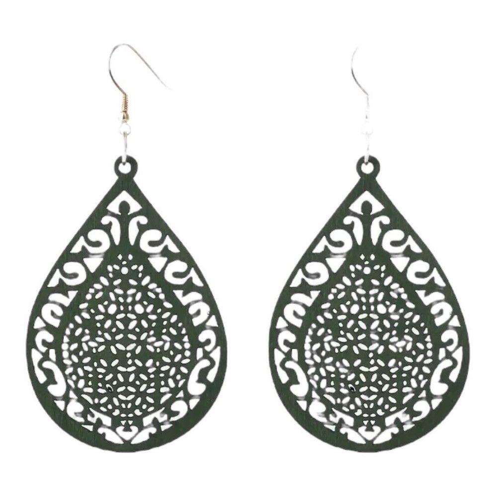 Green Wood Carved pattern droplet‎ shaped Dangle, Earrings retro Ethnic Style
